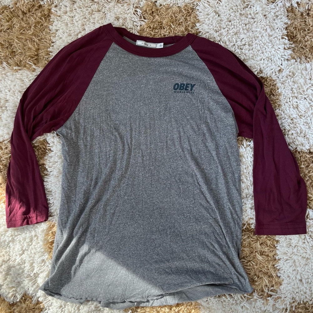 Obey Heather Gray and Maroon Raglan Tee